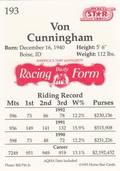 1993 Jockey Star #193 Von Cunningham Back